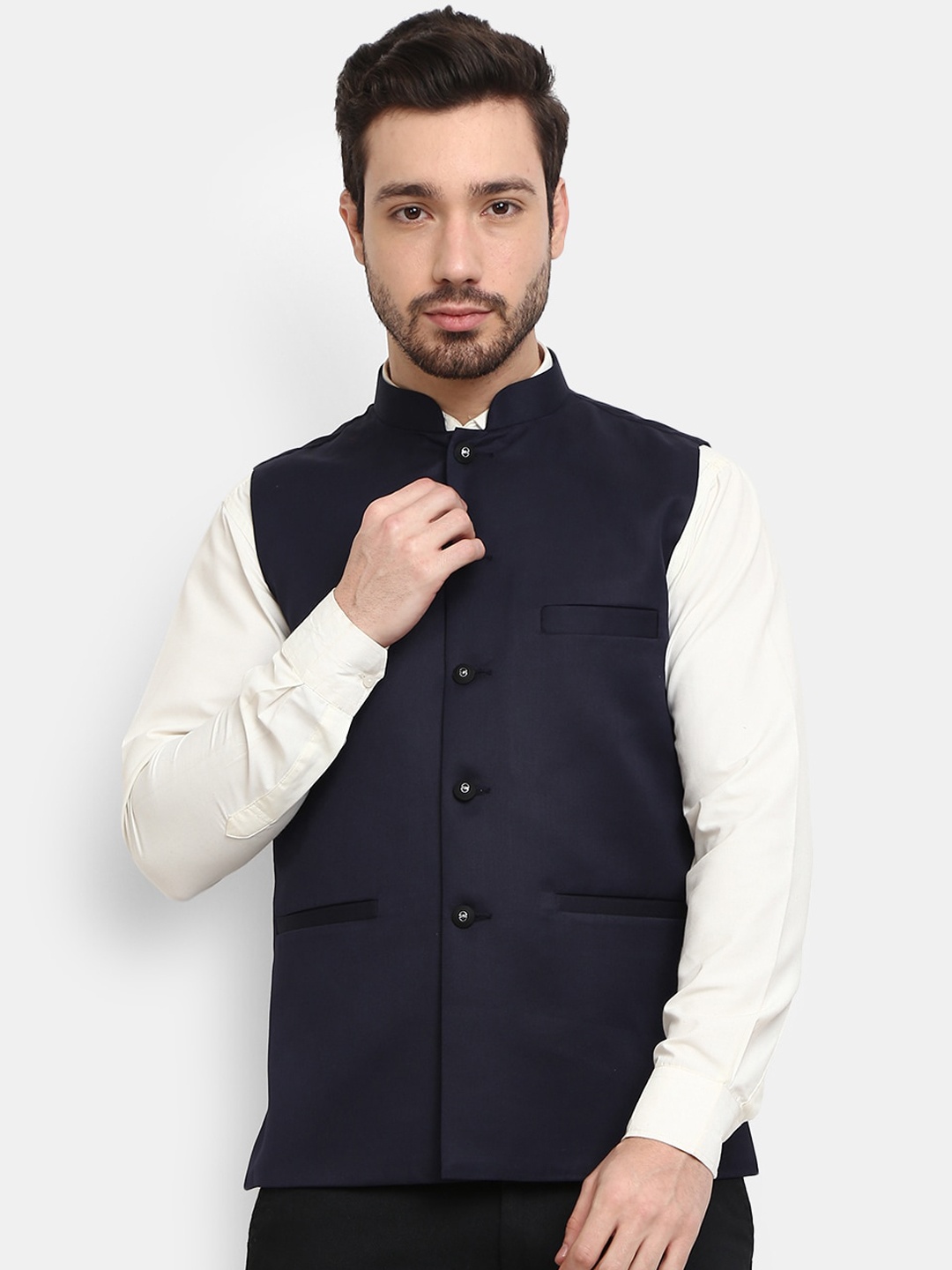 

V-Mart Men Navy Blue Solid Woven Nehru Jacket