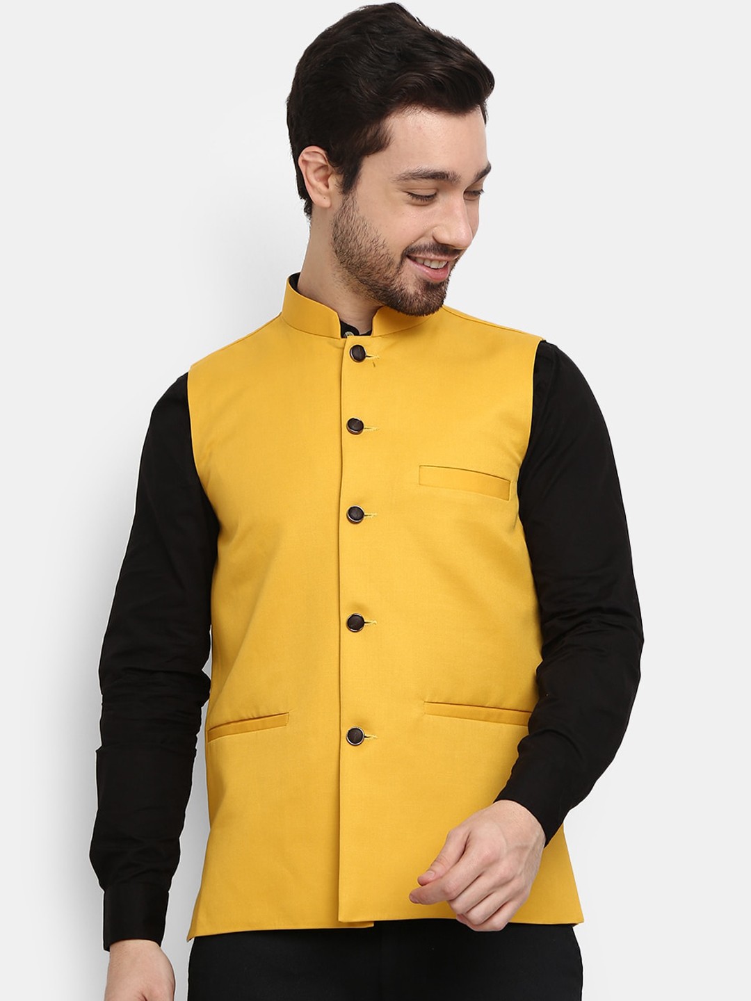 

V-Mart Men Yellow Solid Woven Nehru Jacket