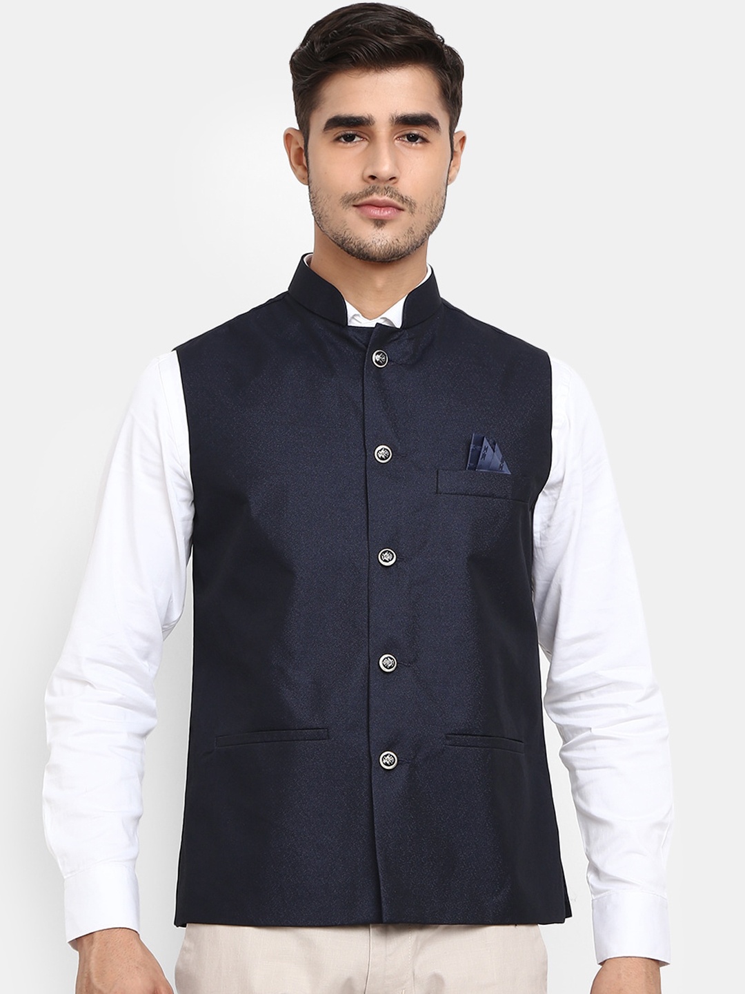 

V-Mart Men Navy Blue Solid Nehru Jacket