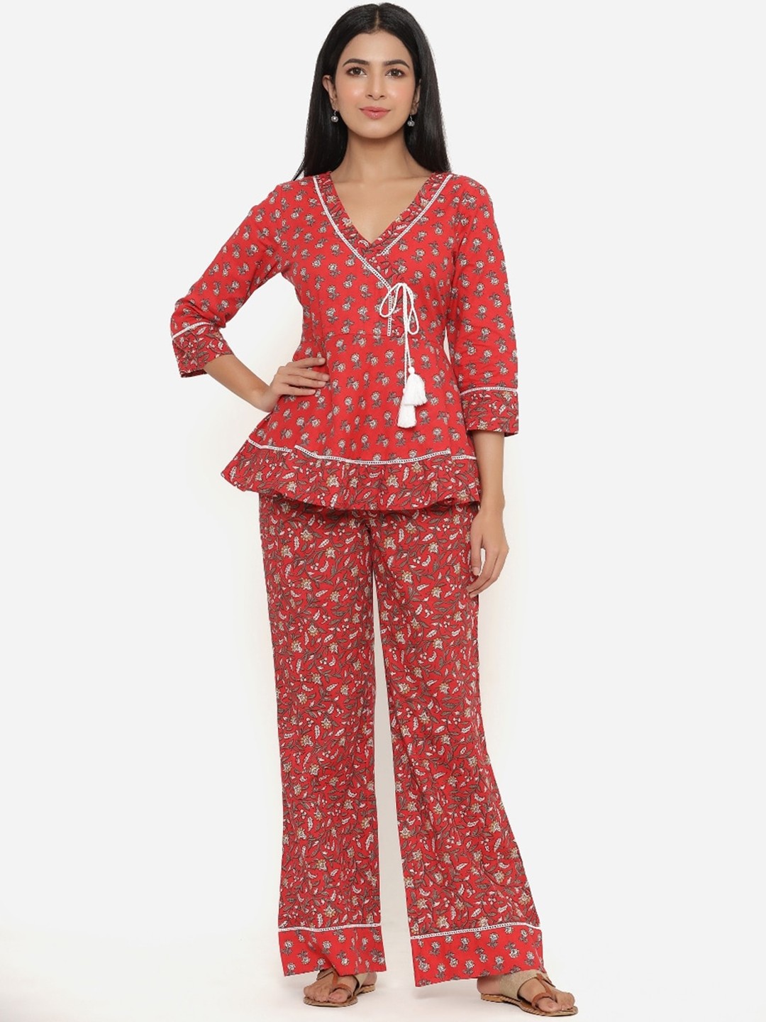 

mirari Women Red Floral Printed Pure Cotton Angrakha Kurti with Palazzos