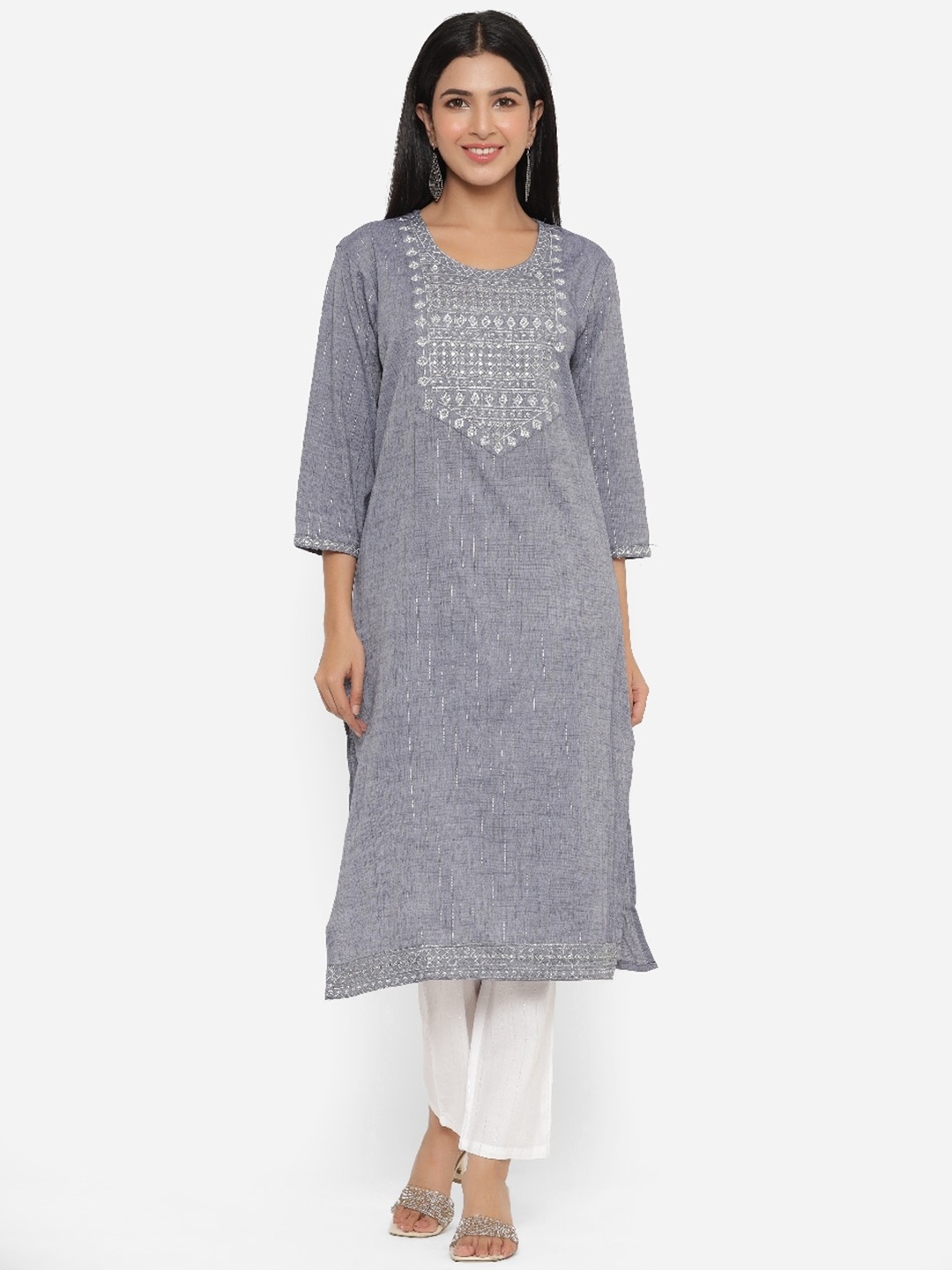 

mirari Women Grey Striped Pure Cotton Kurta with Palazzo