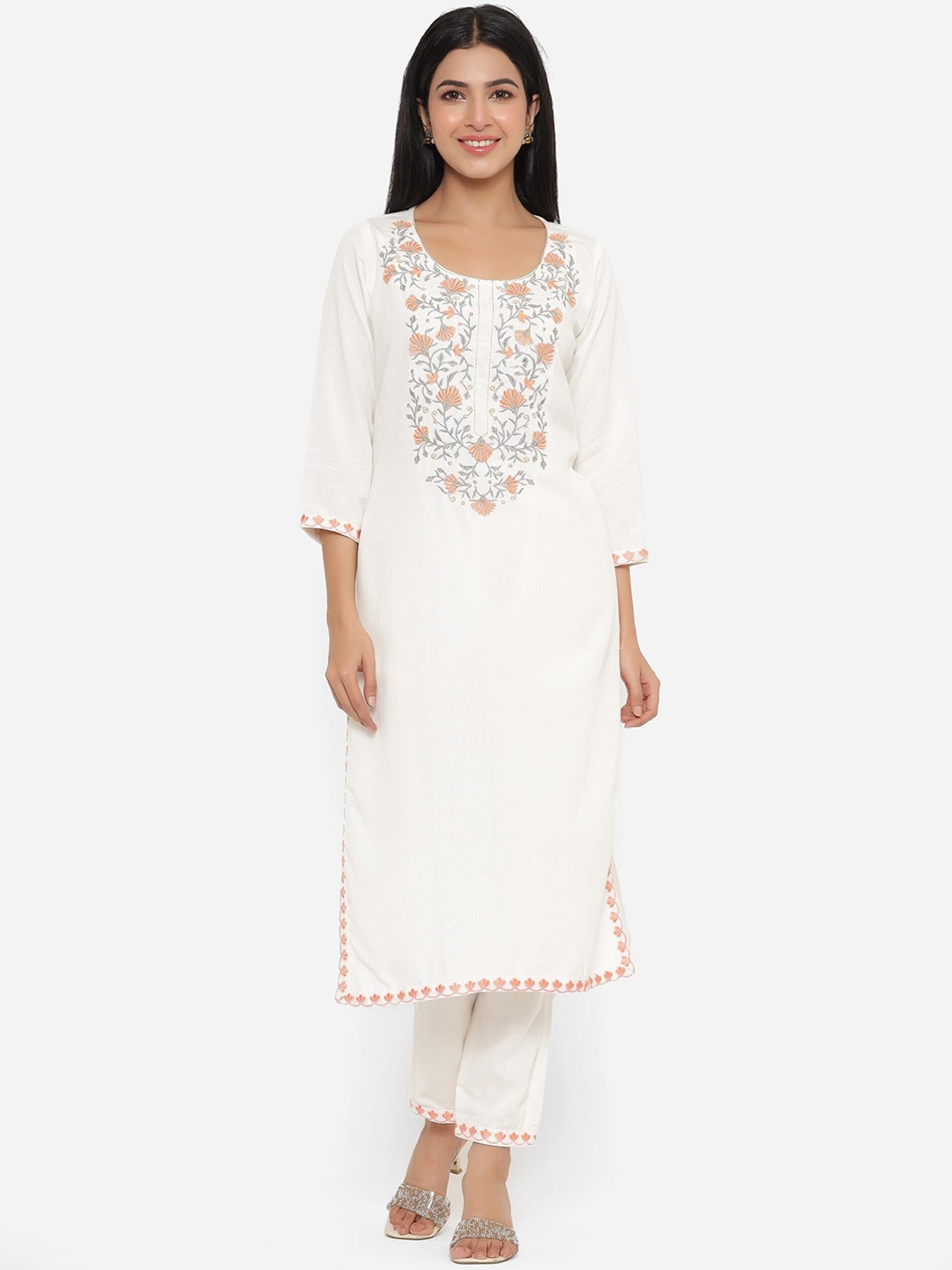 

mirari Women Pink Floral Embroidered Pure Cotton Kurta with Trousers