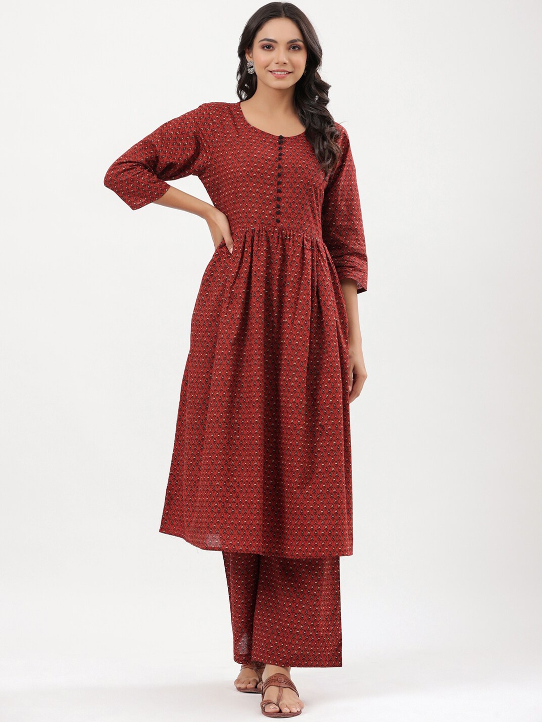 

mirari Women Maroon Ethnic Motifs Printed Pure Cotton Kurta with Palazzos