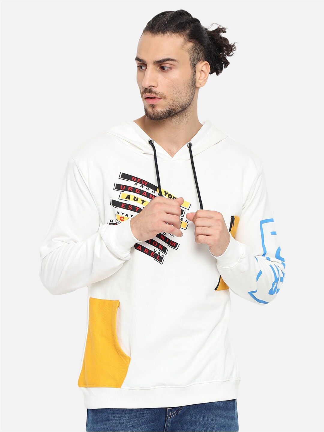 

The Dry State Men White Printed Hooded Fleece Sweatshirt