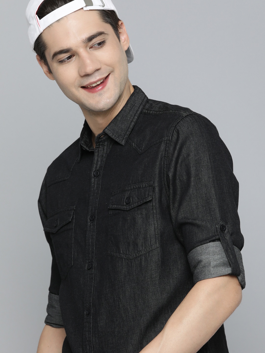 

HERE&NOW Solid Slim Fit Pure Cotton Casual Shirt, Black
