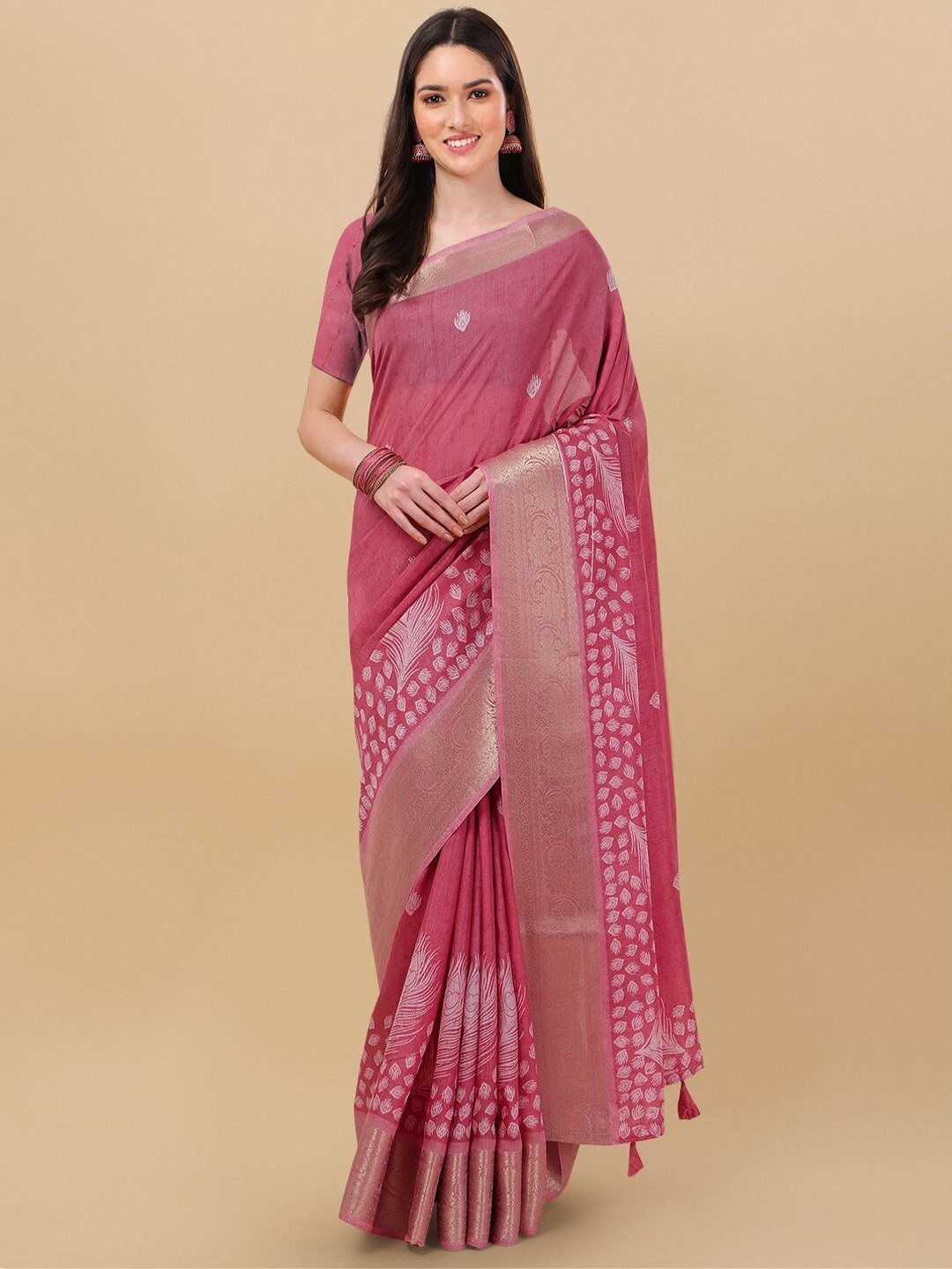 

Mitera Pink & White Floral Zari Silk Blend Saree