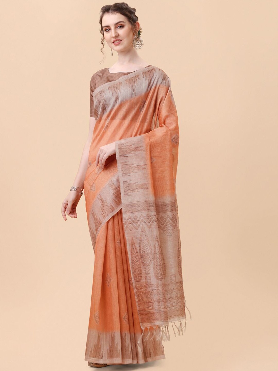 

Mitera Orange & Beige Ethnic Motifs Zari Silk Blend Banarasi Saree