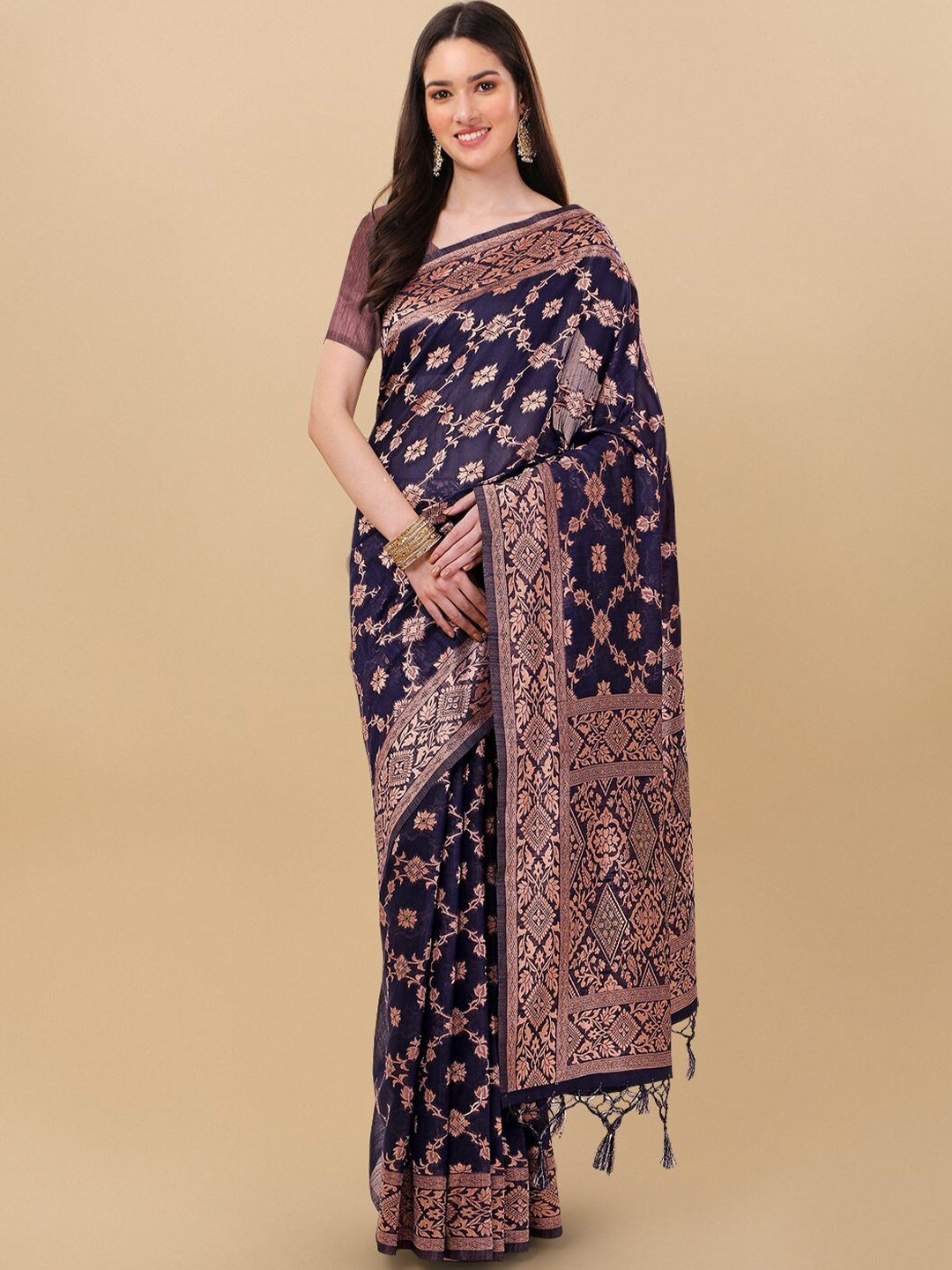 

Mitera Navy Blue & Gold-Toned Ethnic Motifs Zari Silk Cotton Banarasi Saree
