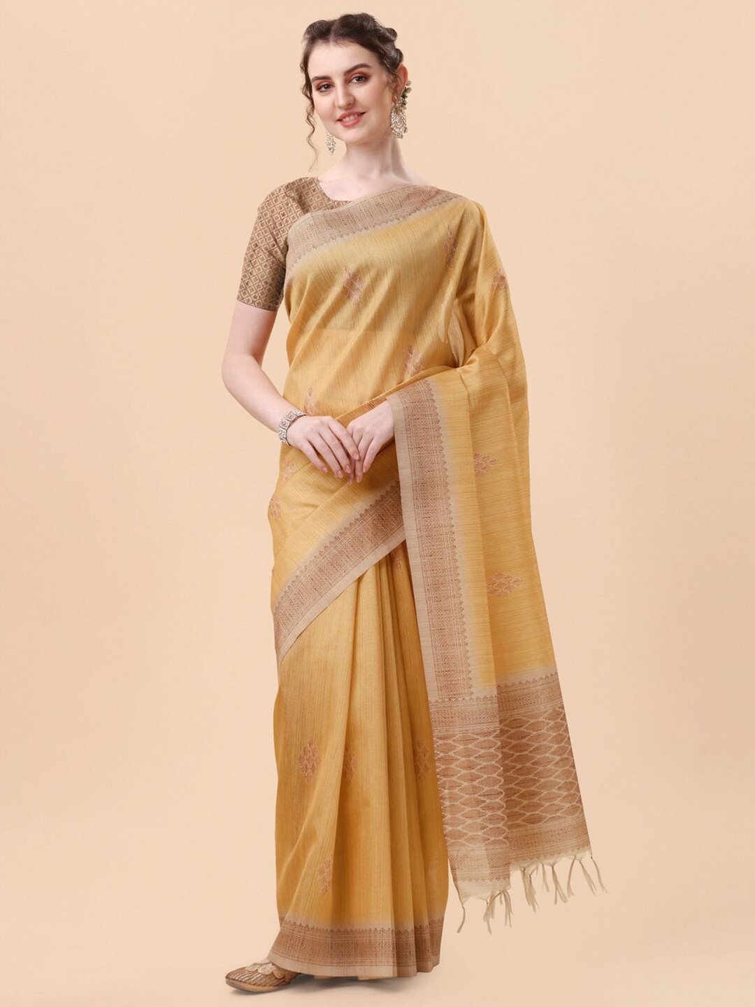 

Mitera Mustard & Brown Zari Banarasi Saree