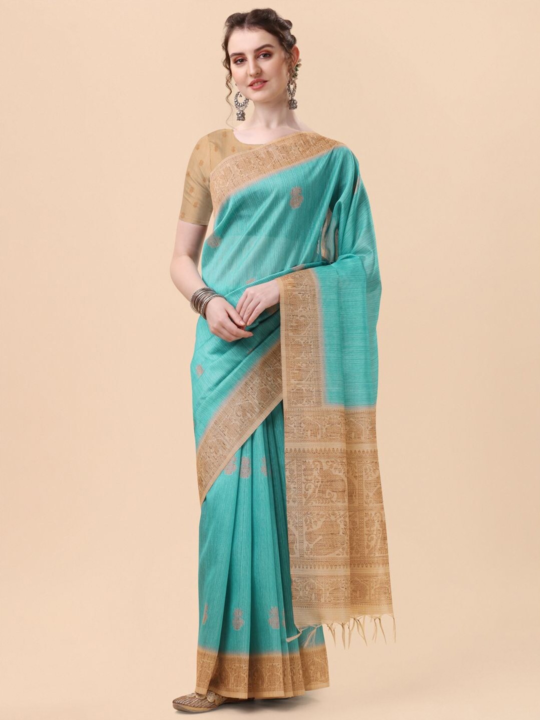

Mitera Blue & Gold-Toned Ethnic Motifs Silk Blend Saree