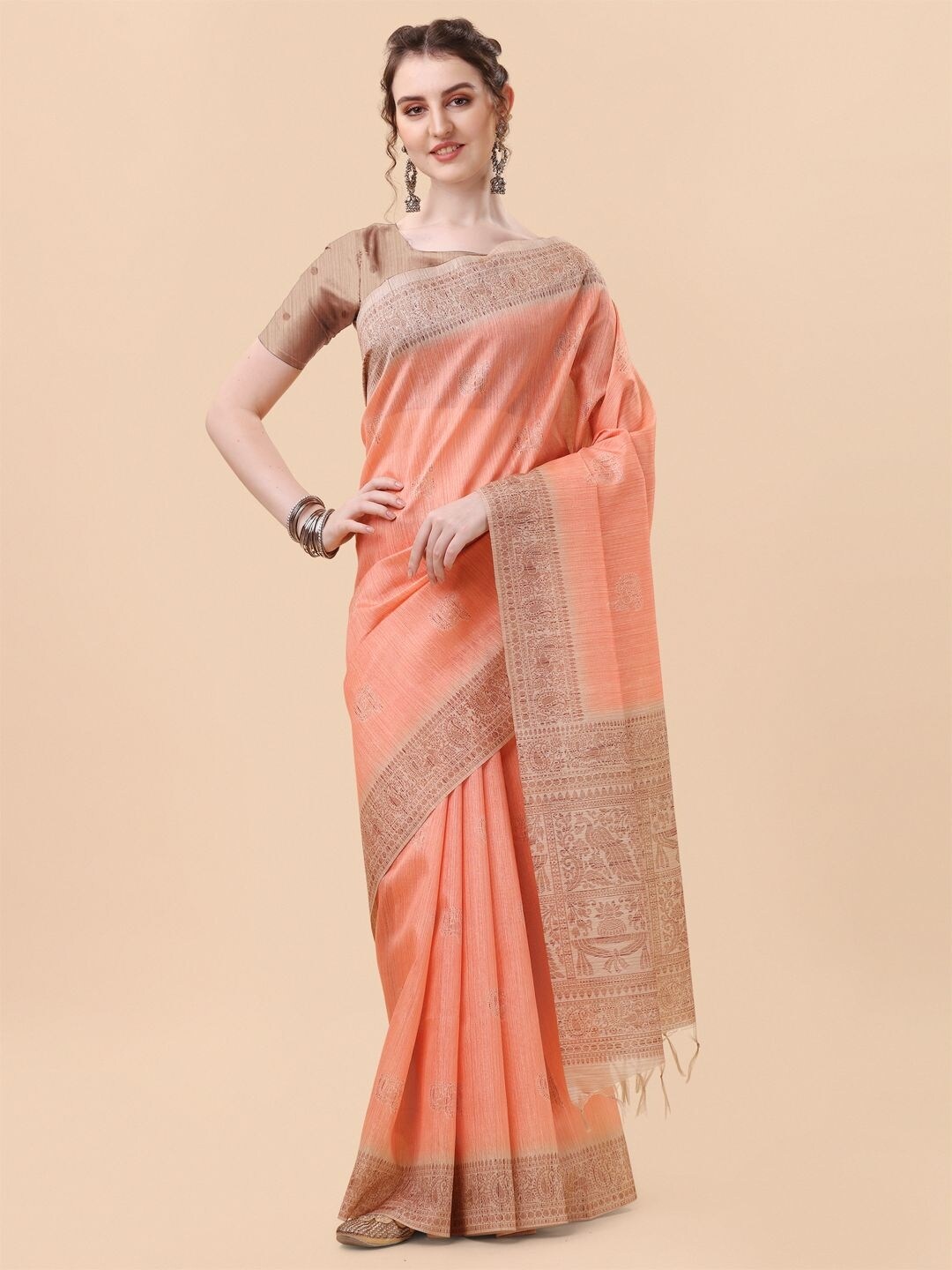 

Mitera Peach-Coloured Ethnic Motifs Zari Banarasi Saree
