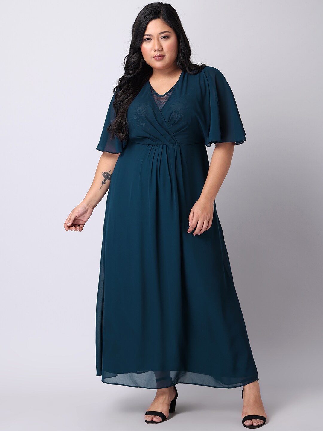 

FabAlley Curve Blue Plus Size Georgette A-Line Cape Maxi Dress