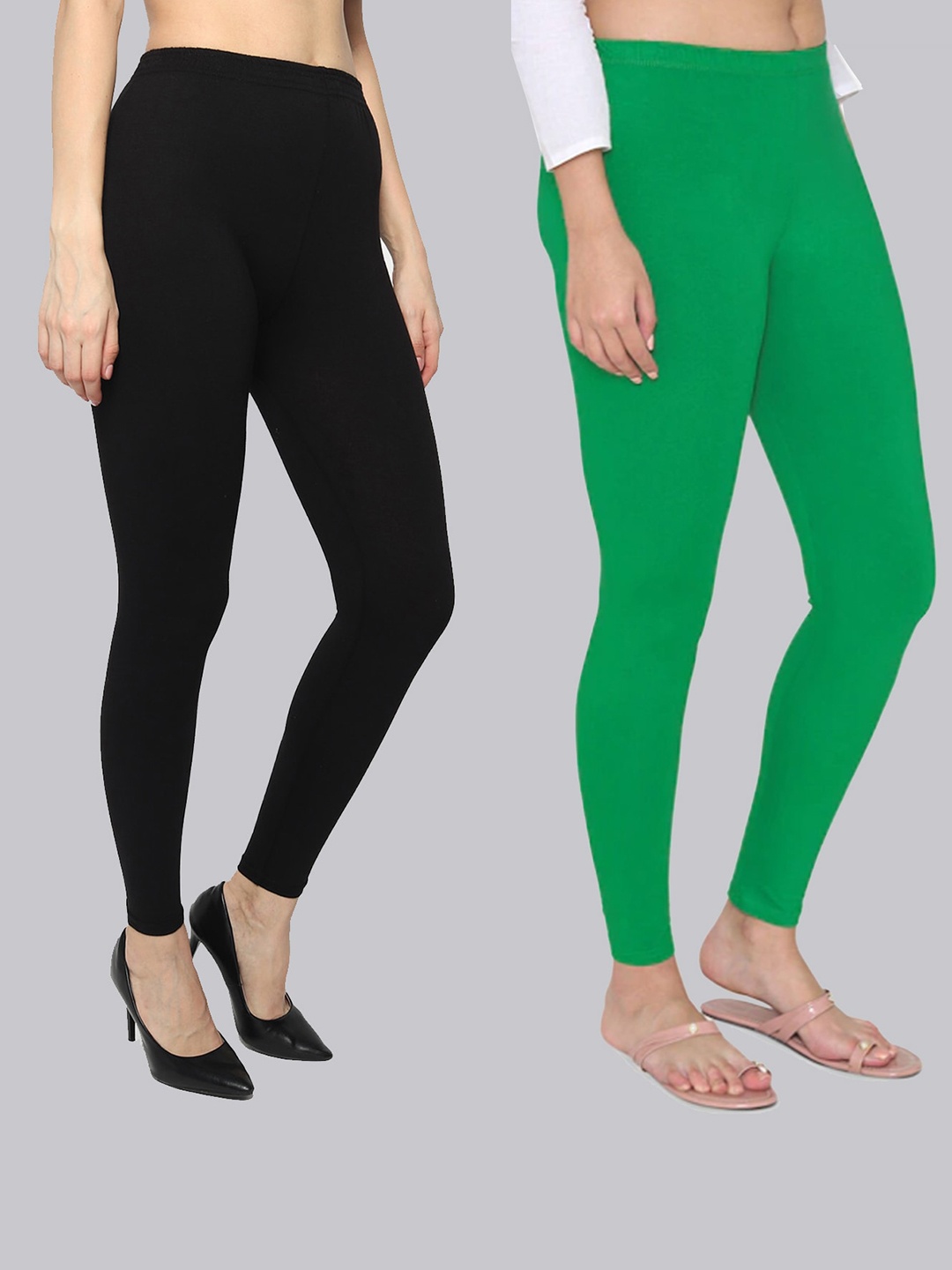 

KEX Women Pack Of 2 Black & Green Solid Cotton Ankle-Length Leggings