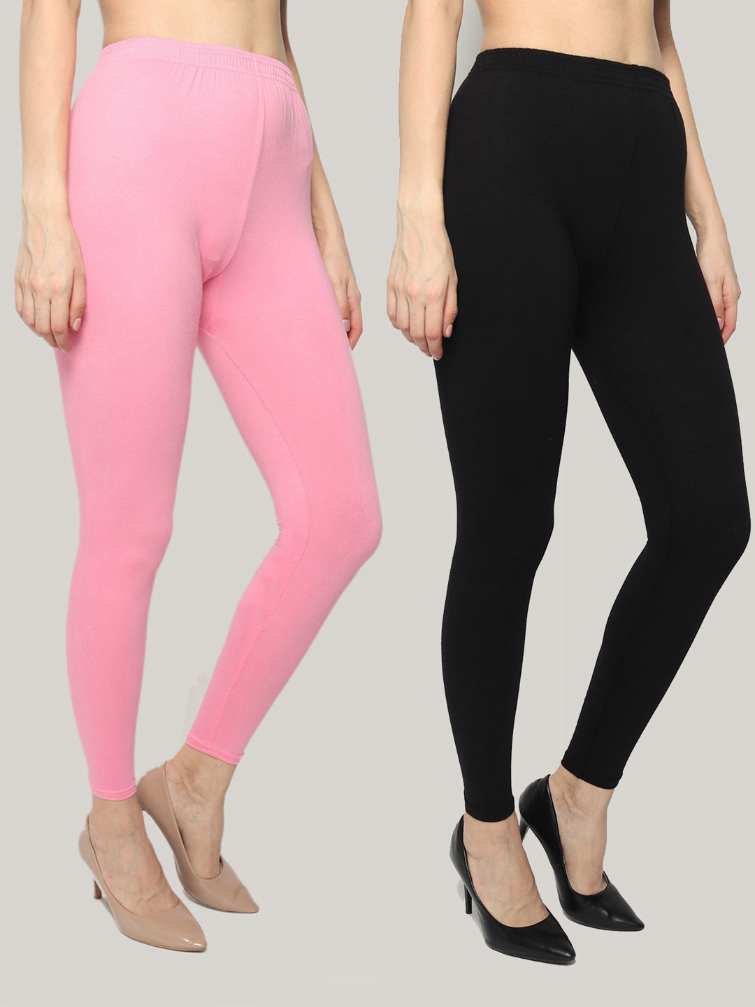

KEX Women Pack Of 2 Pink & Black Solid Cotton Ankle Length Leggings
