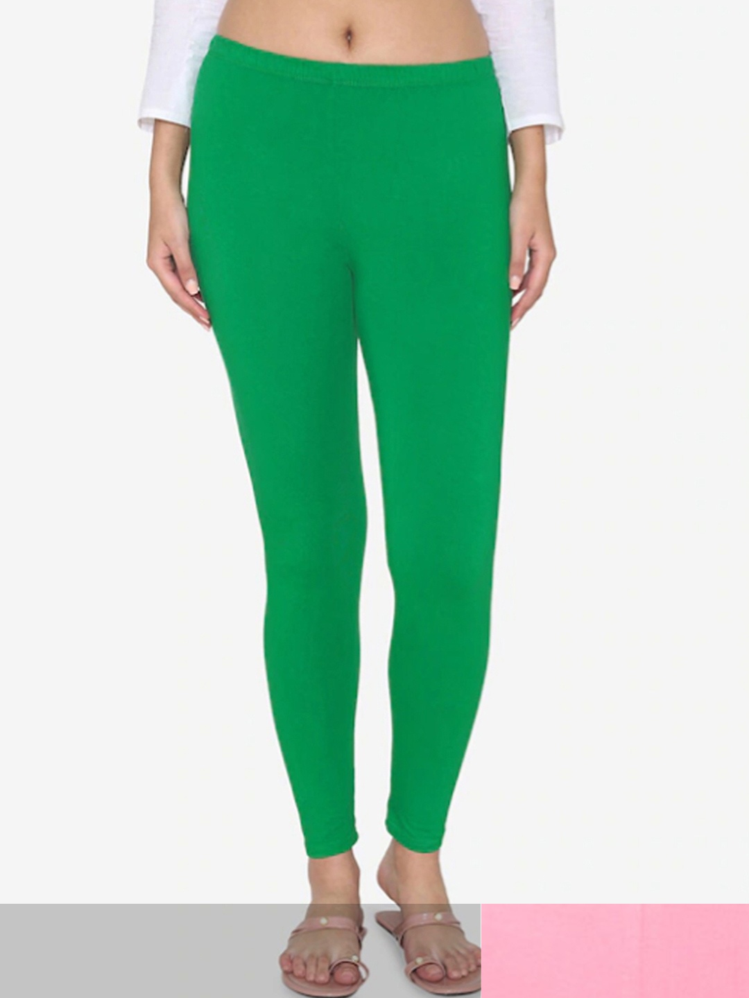 

KEX Women Pack Of 2 Green & Pink Solid Cotton Ankle-Length Leggings