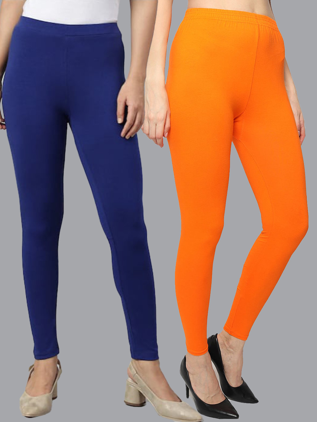 

KEX Women Pack of 2 Blue & Orange Solid Cotton Ankle-Length Leggings