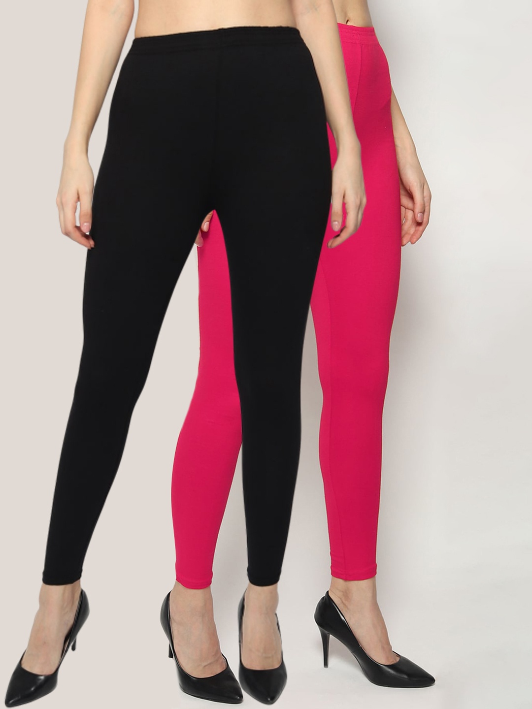 

KEX Women Pack Of 2 Black & Pink Solid Ankle-Length Leggings