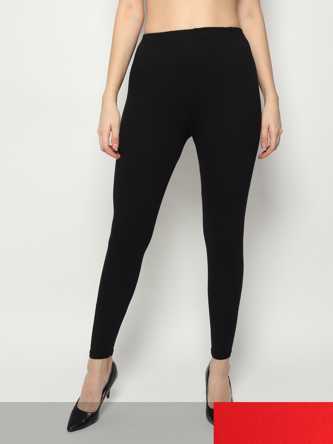 

KEX Women Pack Of 2 Red & Black Solid Cotton Ankle Length Leggings
