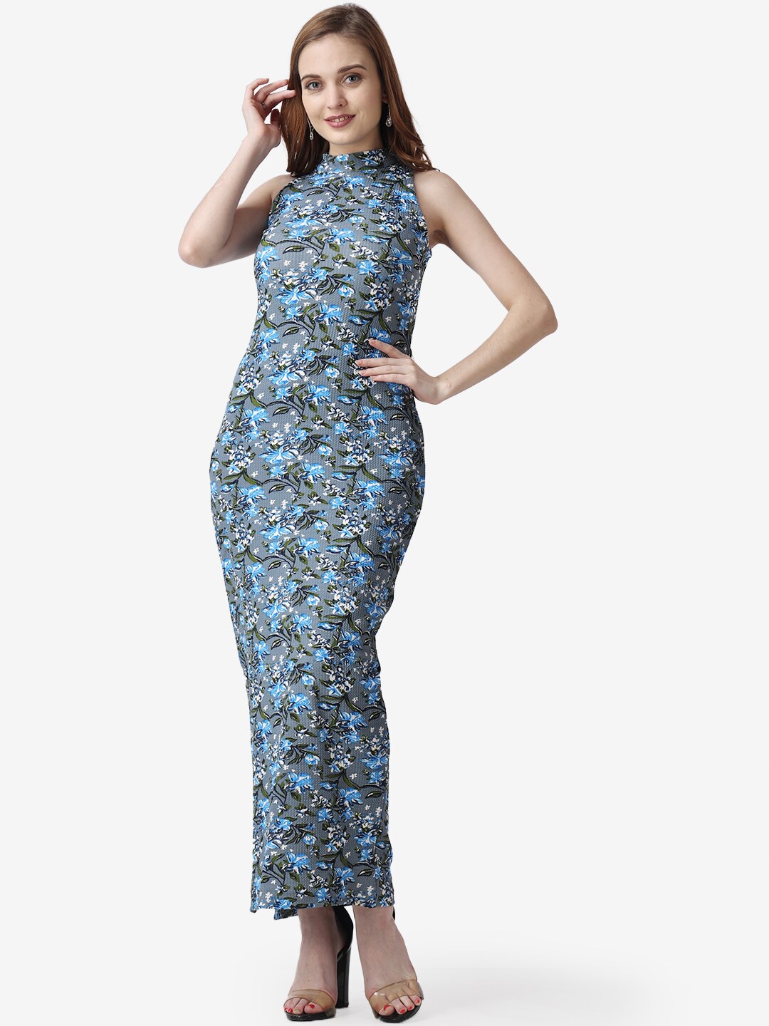 

Popwings Women Grey & Blue Floral Printed Sheath Maxi Dress