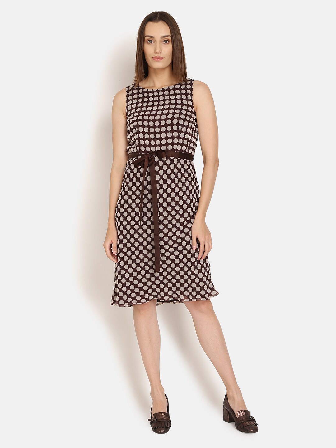 

OFFICE & YOU Women Brown Georgette Formal A-Line Dress With Brown Belt