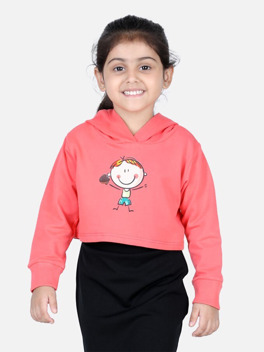 

AWW HUNNIE Girls Peach-Coloured Printed Hooded Sweatshirt