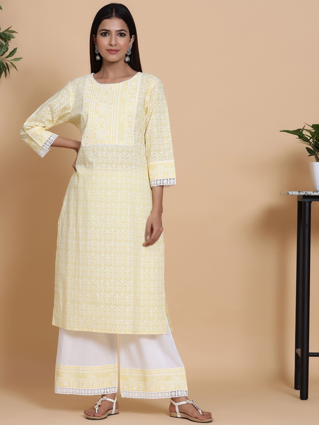 

mirari Women Cream-Coloured Printed Pure Cotton Kurta with Palazzo Set