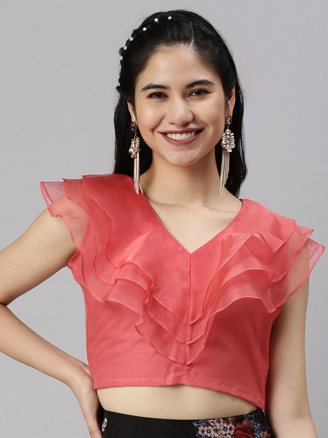 

De Moza Women Peach-Coloured Ruffles Crop Top