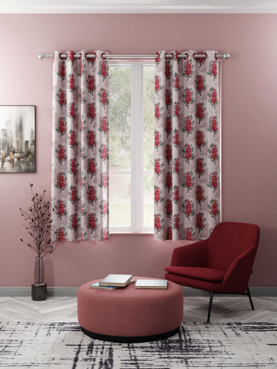

KOPA Set of 2 Pink & Red Floral Printed Window Curtains