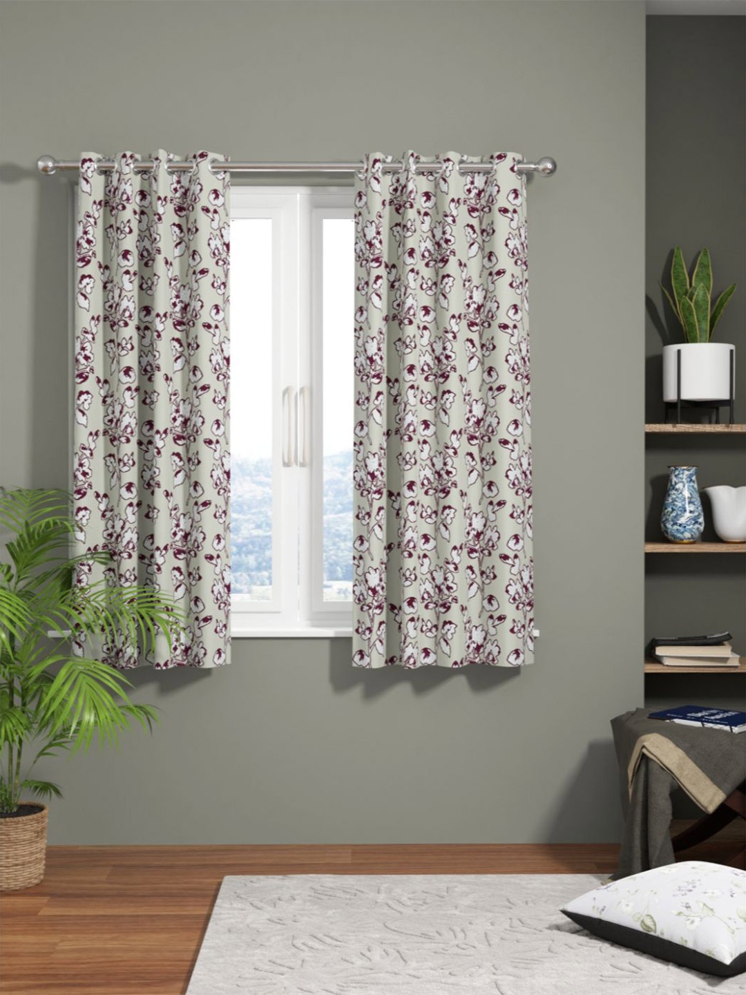 

KOPA Burgundy & White Set of 2 Floral Room Darkening Window Curtain
