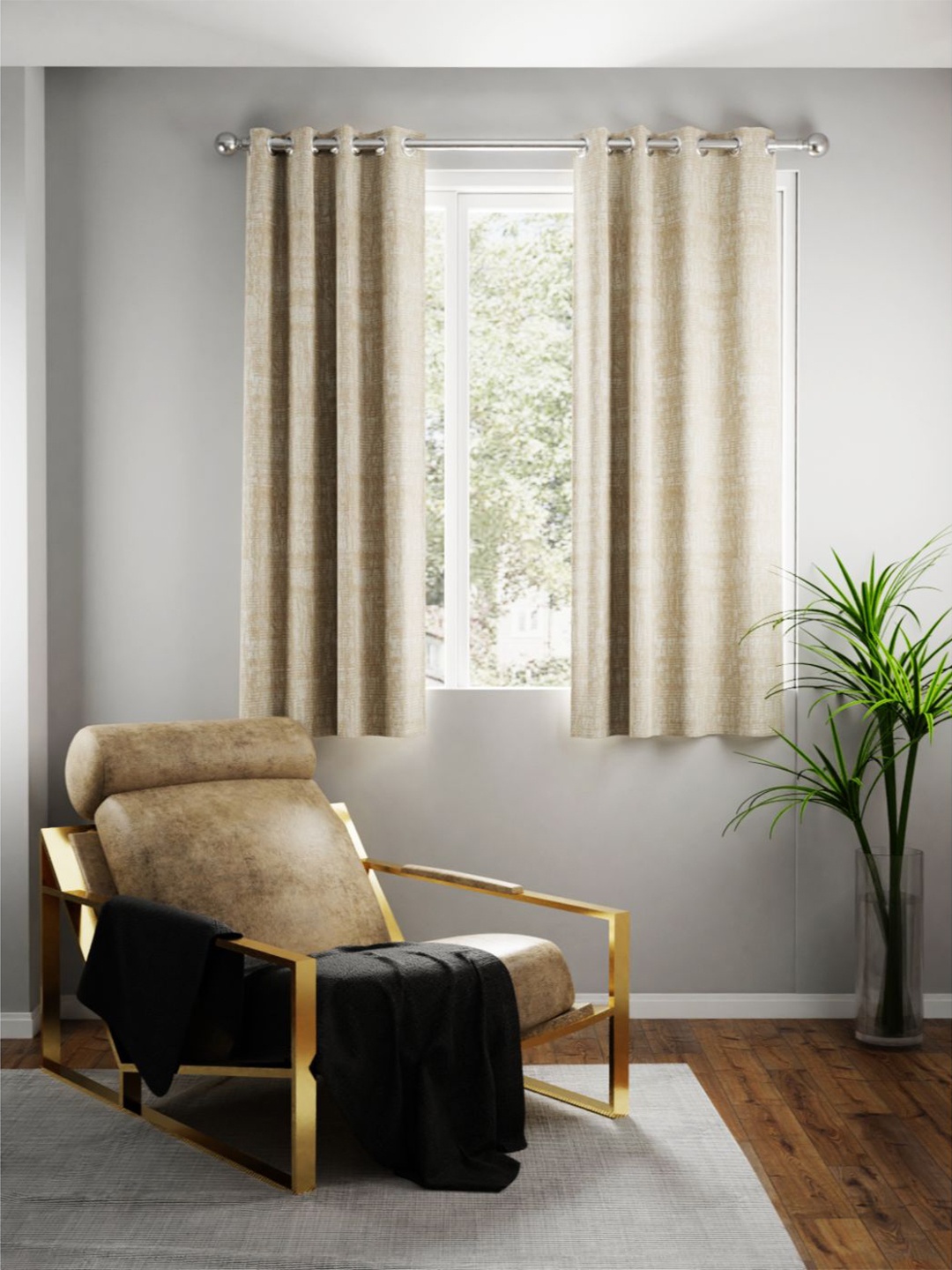 

BIANCA Gold-Toned & Beige Set of 2 Jacquard Room Darkening Window Eyelet Curtain