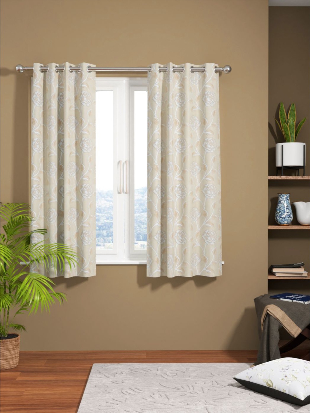 

KOPA Beige & Silver-Toned Set of 2 Floral Room Darkening Window Curtain