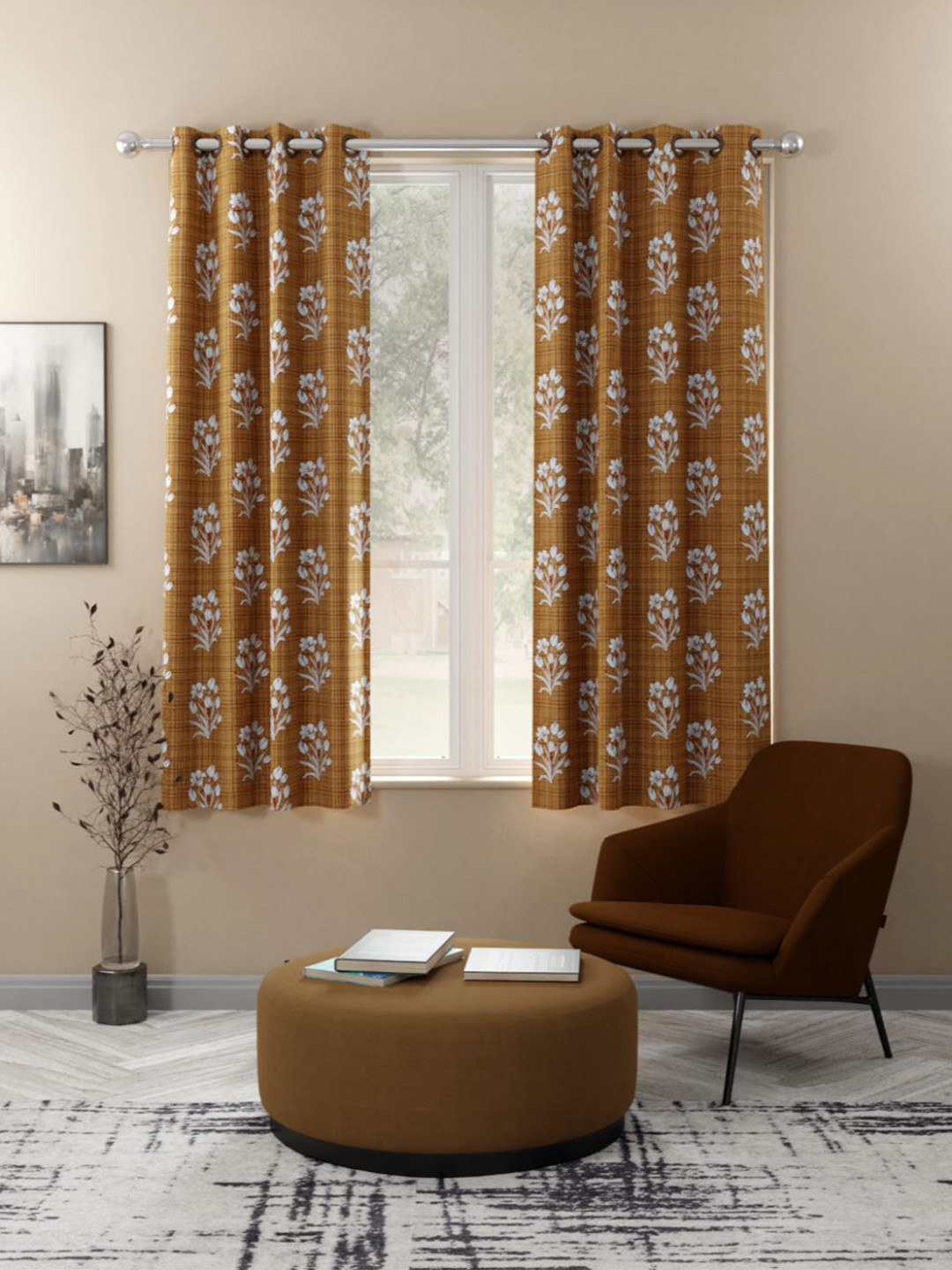 

KOPA Set of 2 Mustard & Beige Floral Printed Window Curtain