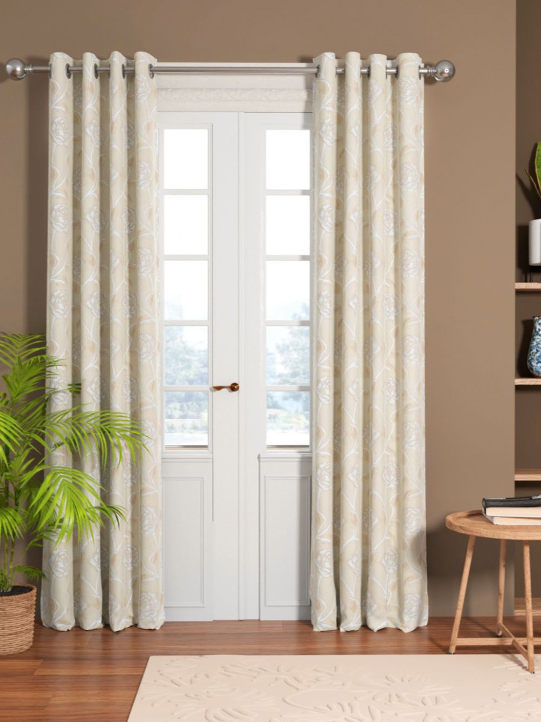 

KOPA Set of 2 Beige & Silver-Toned Floral Room Darkening Eyelet Door Curtain