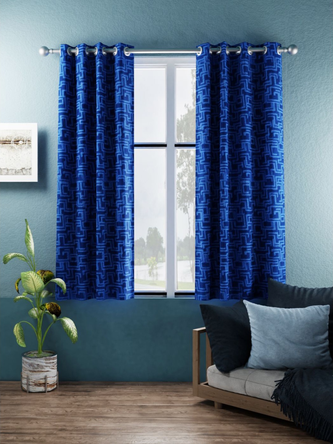 

BIANCA Set of 2 Geometric Room Darkening Window Curtain, Blue