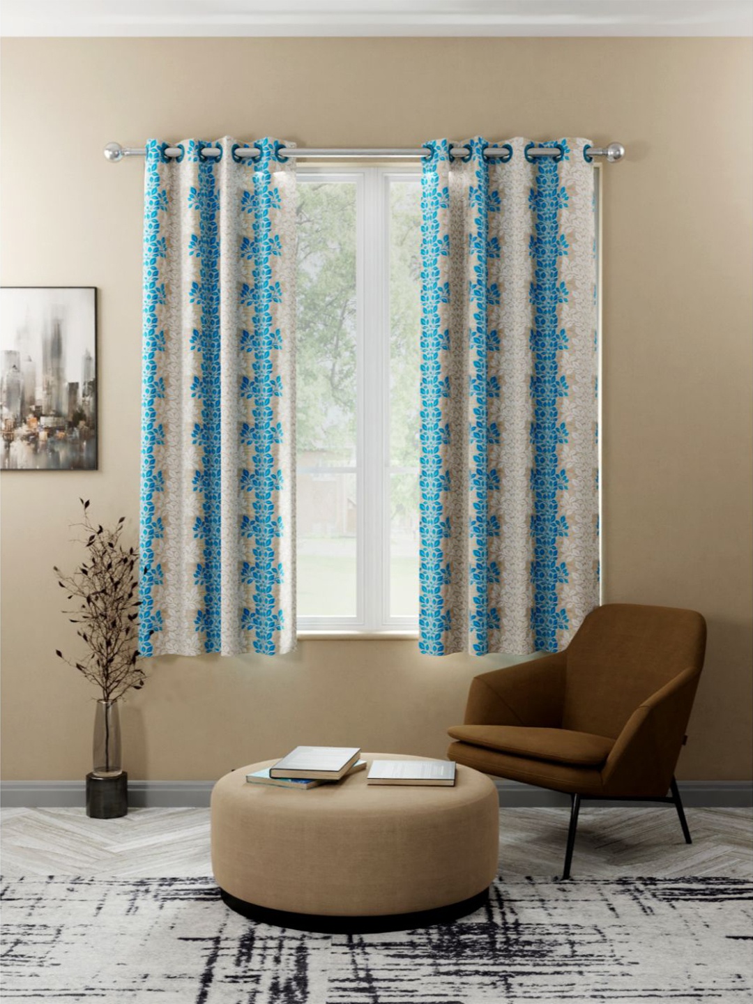 

KOPA Beige & Blue Set of 2 Floral Printed Window Curtains