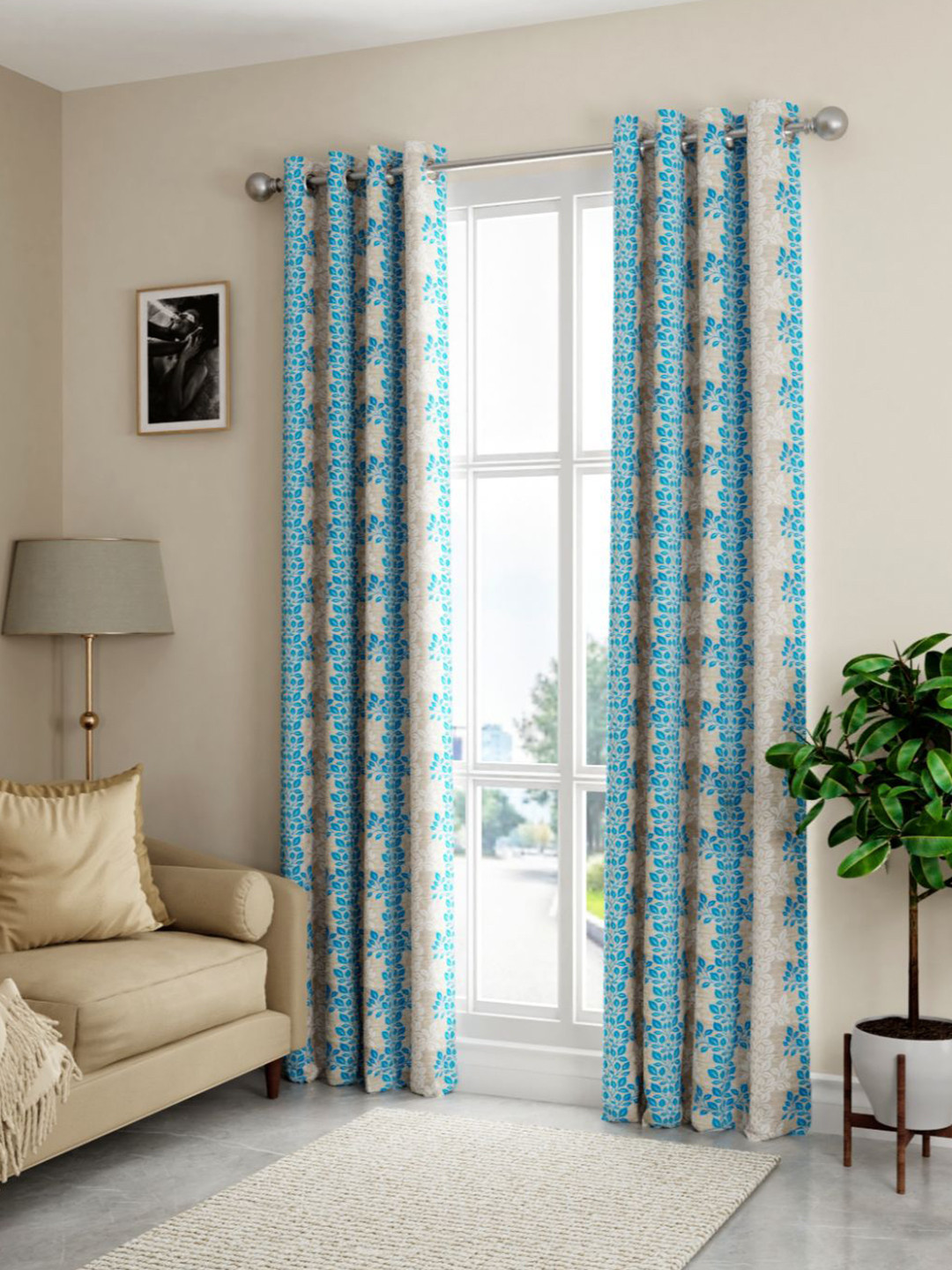 

KOPA Beige & Blue Set of 2 Floral Door Curtain