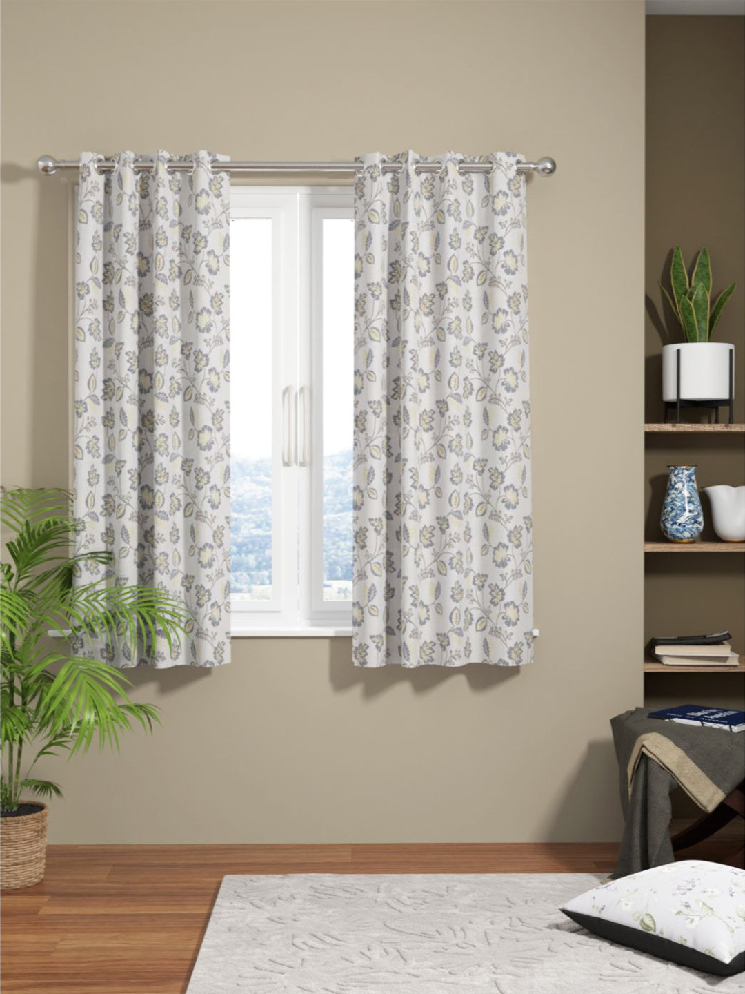 

KOPA Set of 2 Silver & Grey Floral Printed Room Darkening Window Curtains