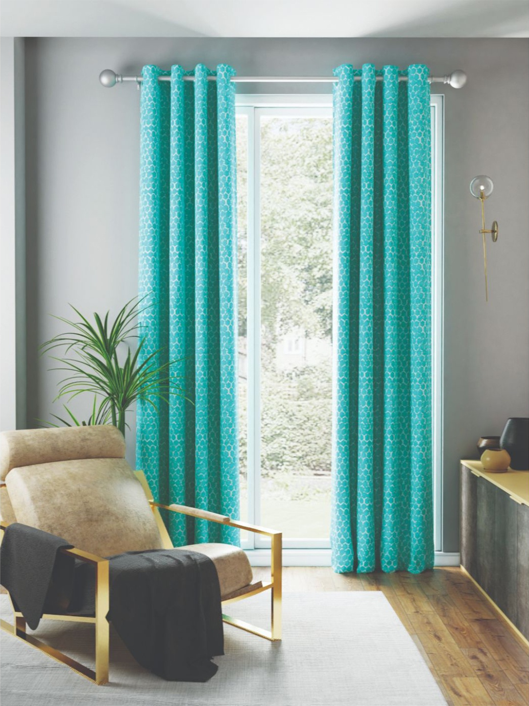 

BIANCA Sea Green Set of 2 Geometric Room Darkening Door Curtain