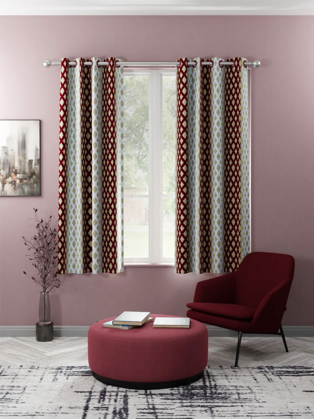 

KOPA Set of 2 Red & White Geometric Window Curtains