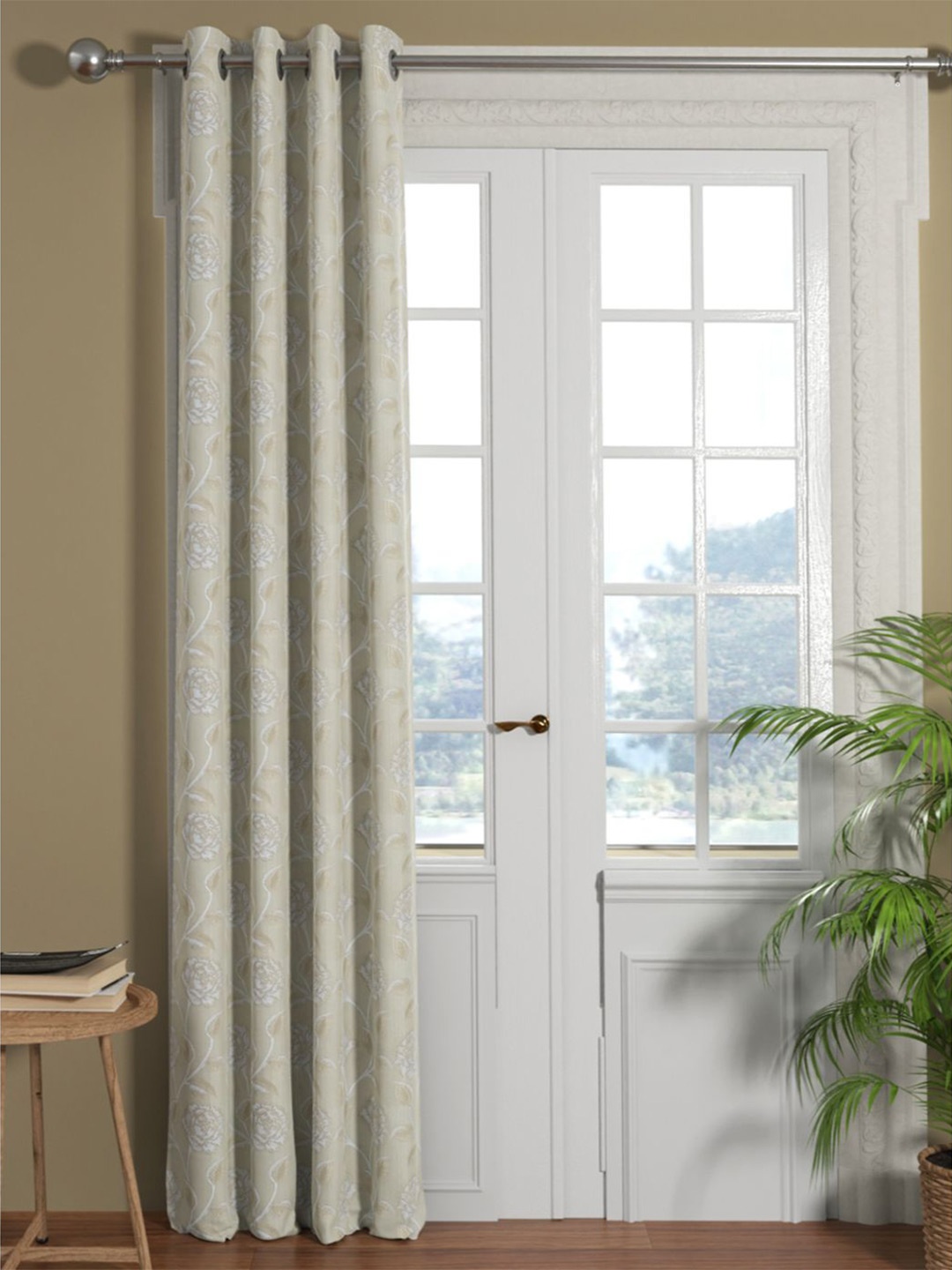 

KOPA Silver-Toned & Beige Floral Printed Room Darkening Door Curtain