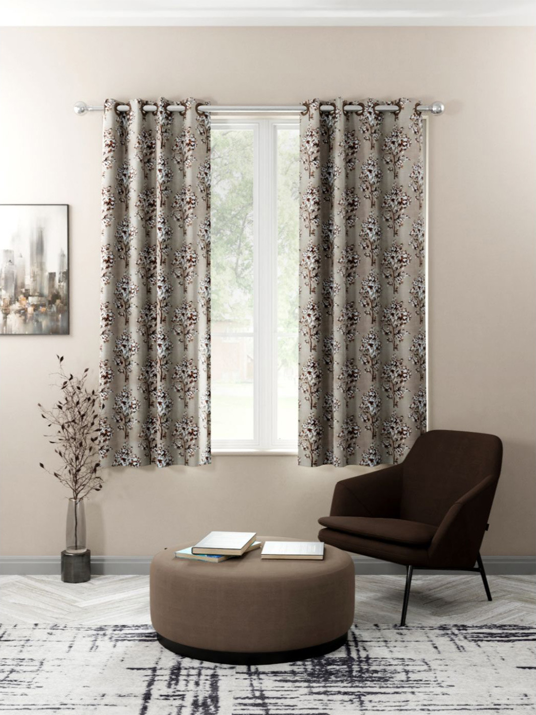 

KOPA Set of 2 Beige & White Floral Printed Window Curtain