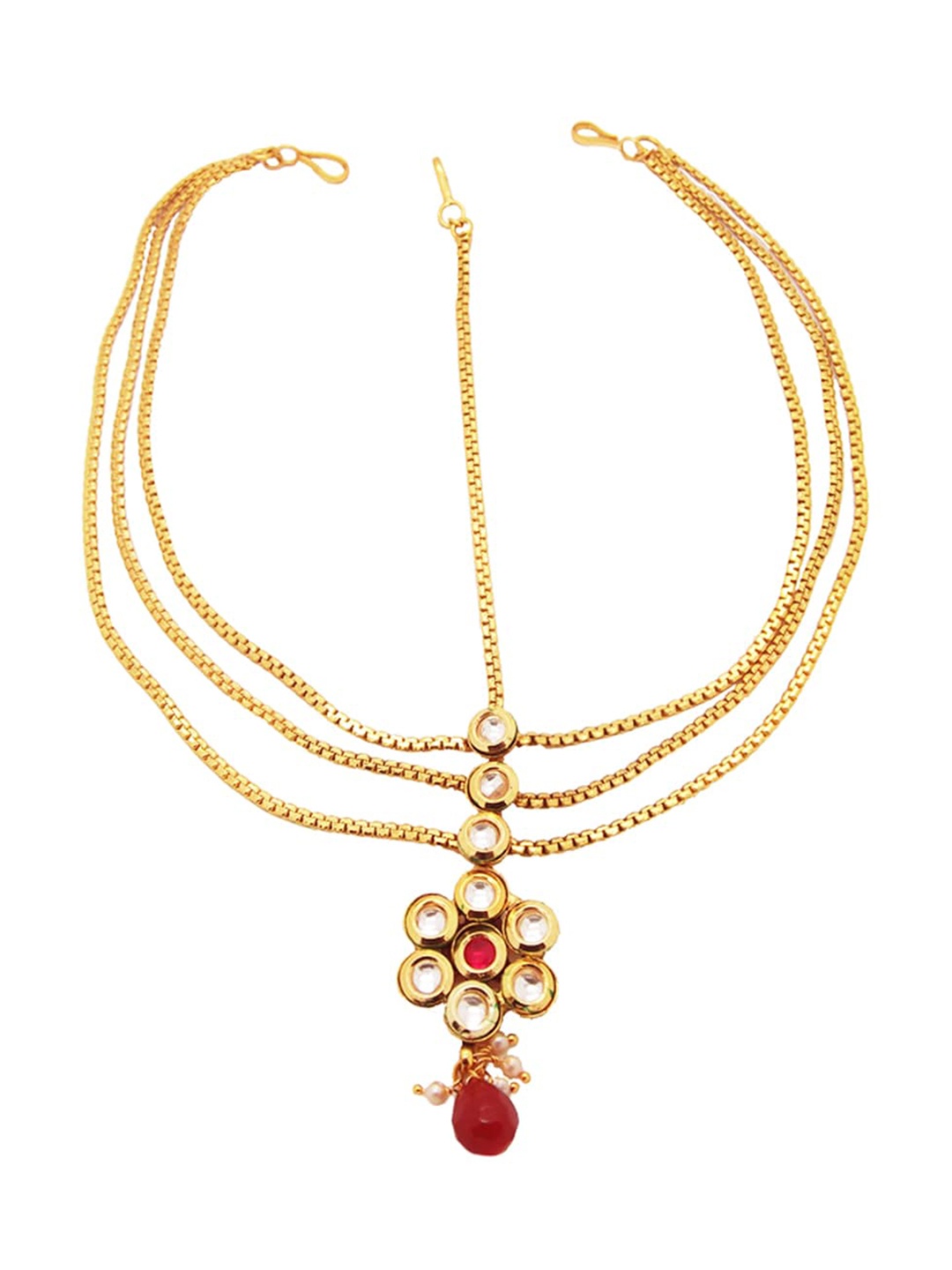 

FEMMIBELLA Women Gold Head Gold-Plated & Red Kundan-Studded & Pearls Beaded Mathapatti