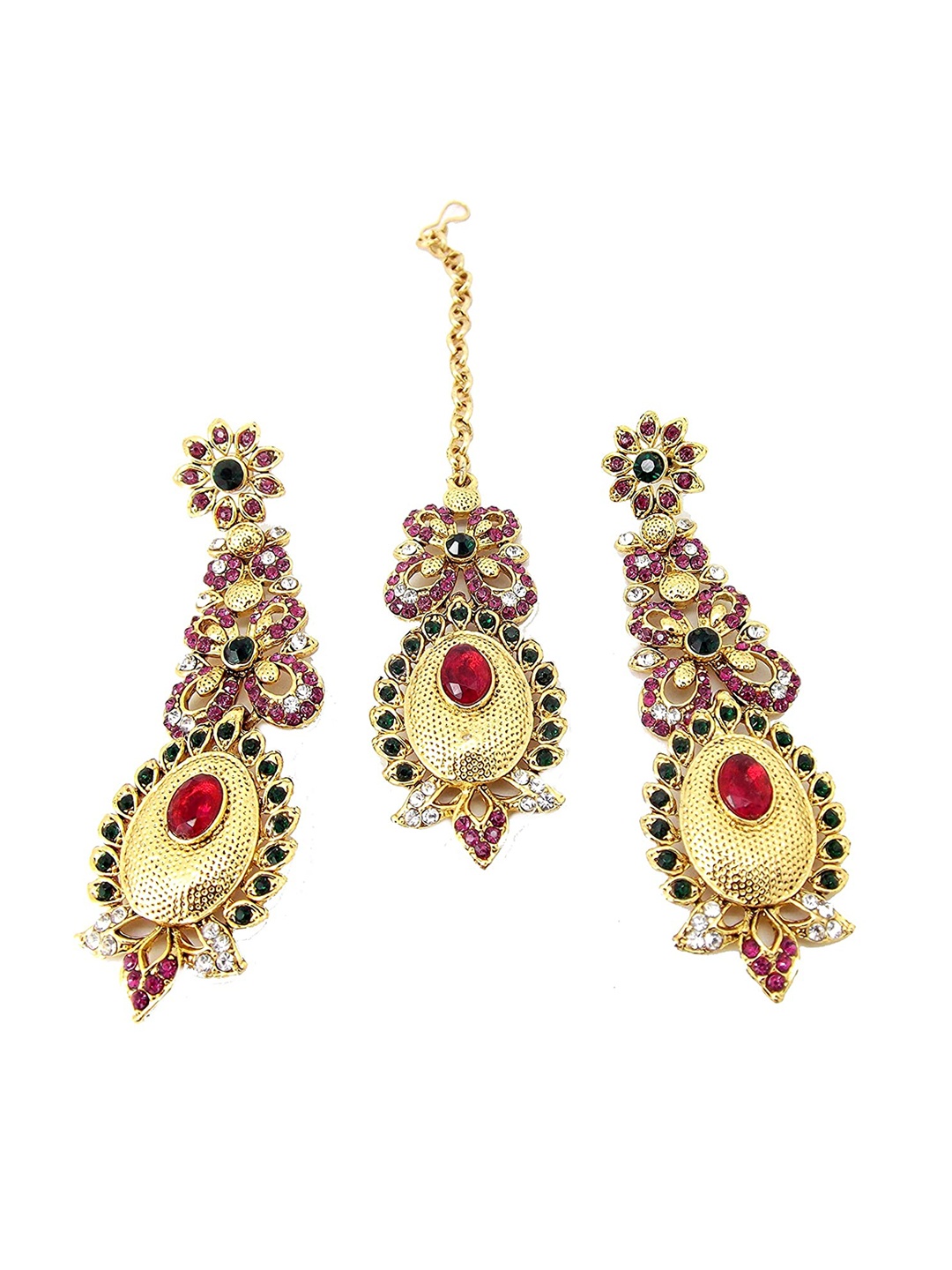 

FEMMIBELLA Gold-Plated & Green Stone-Studded Traditional Maangtikaa & Earrings Set