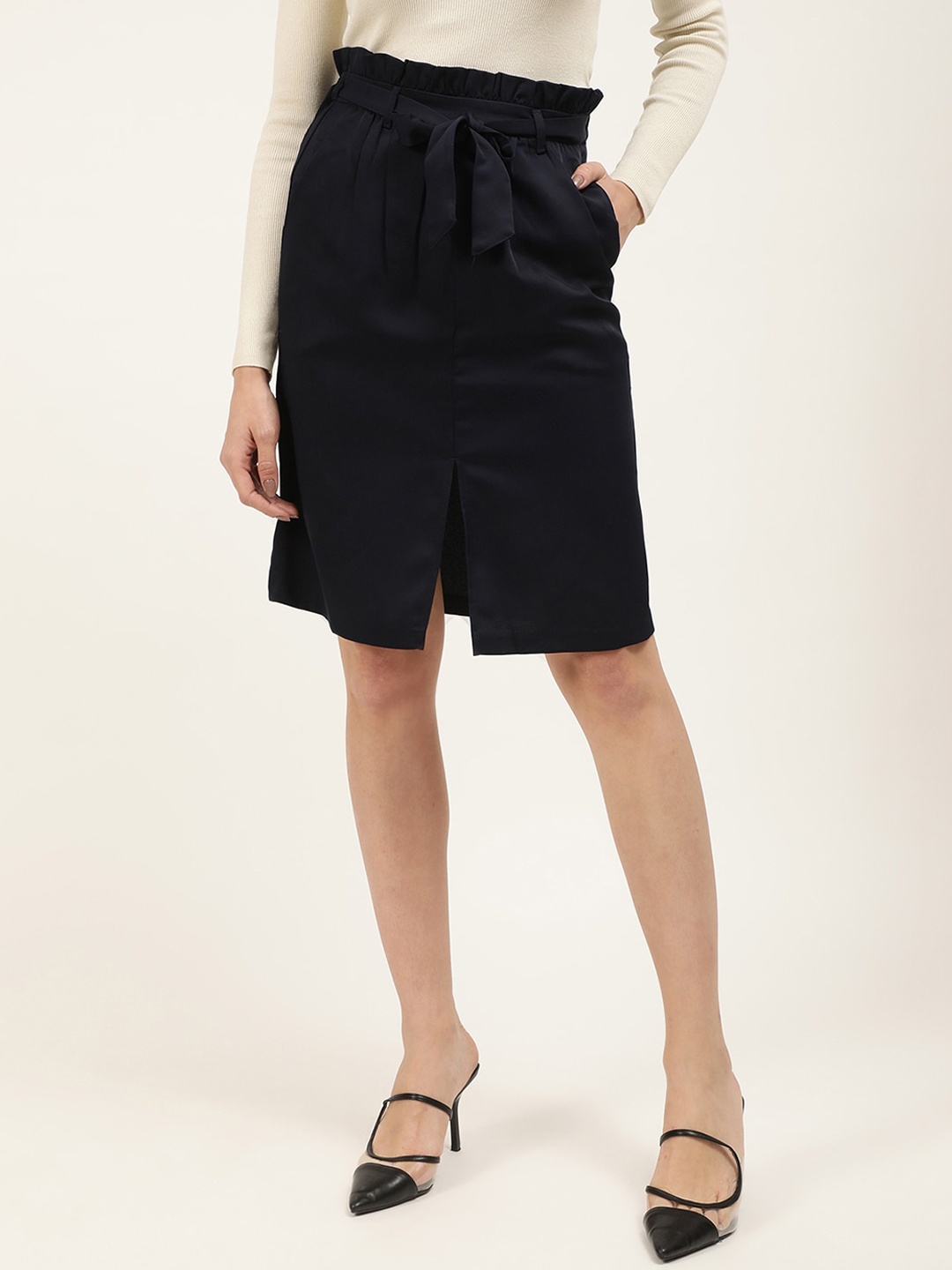

CENTRESTAGE Women Navy Blue Solid Knee Length A-Line Skirt