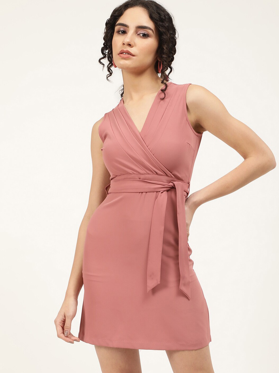 

CENTRESTAGE Rust Solid Sleeveless Casual Wrap Dress