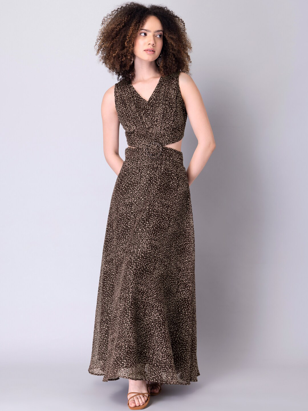 

FabAlley Women Brown Animal Printed Waist Cut Out Georgette Maxi Dress