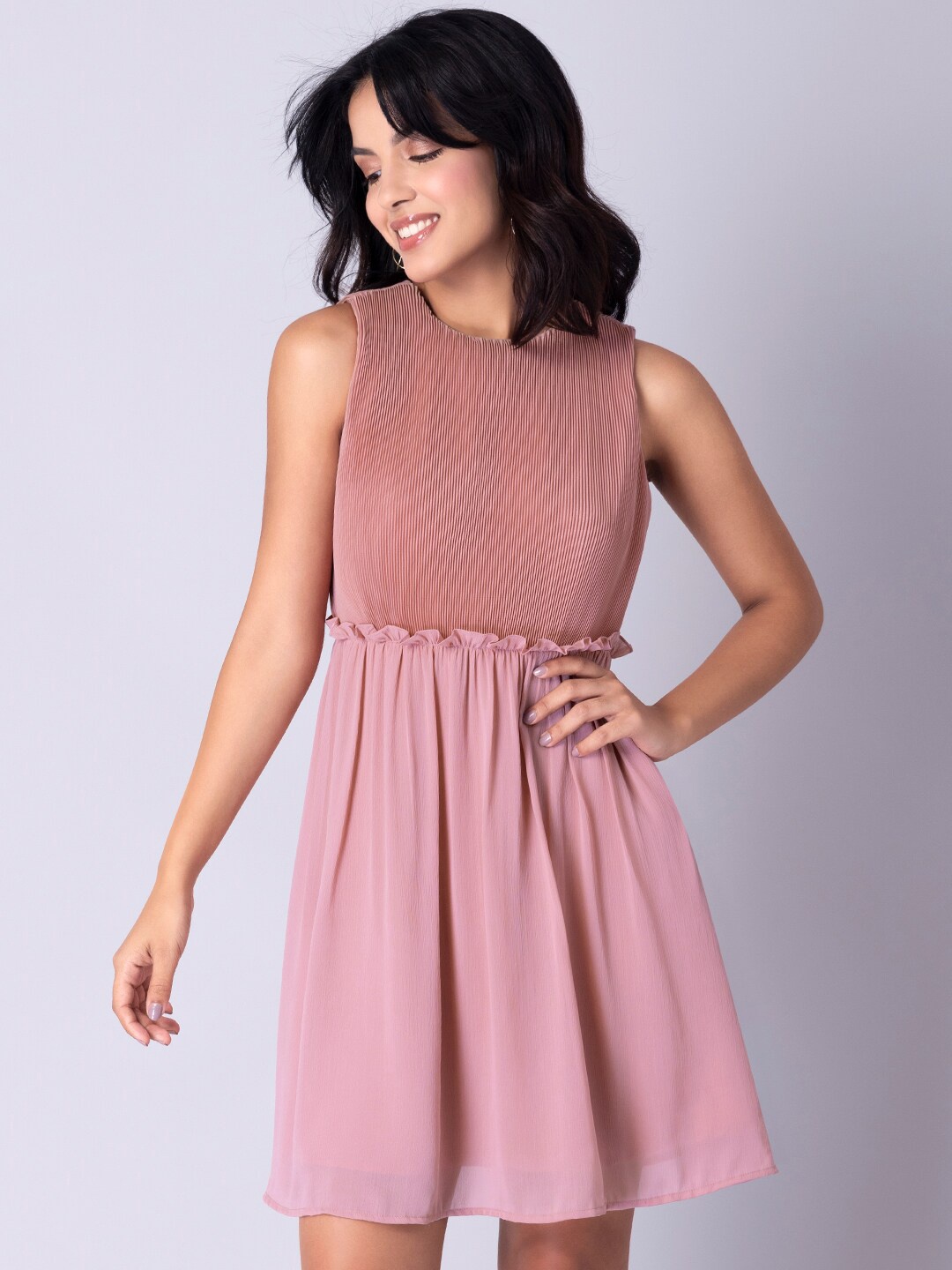 

FabAlley Women Pink Pleated Georgette Dress
