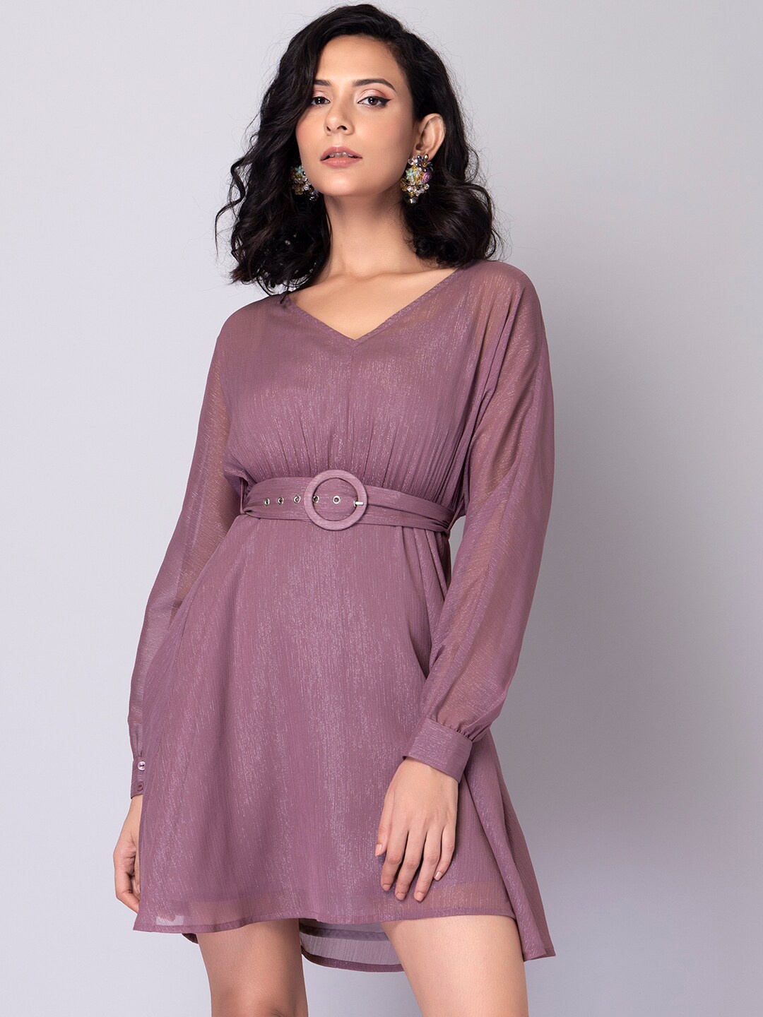 

FabAlley Women Pink Solid Georgette Buckle Belted A-Line Dress