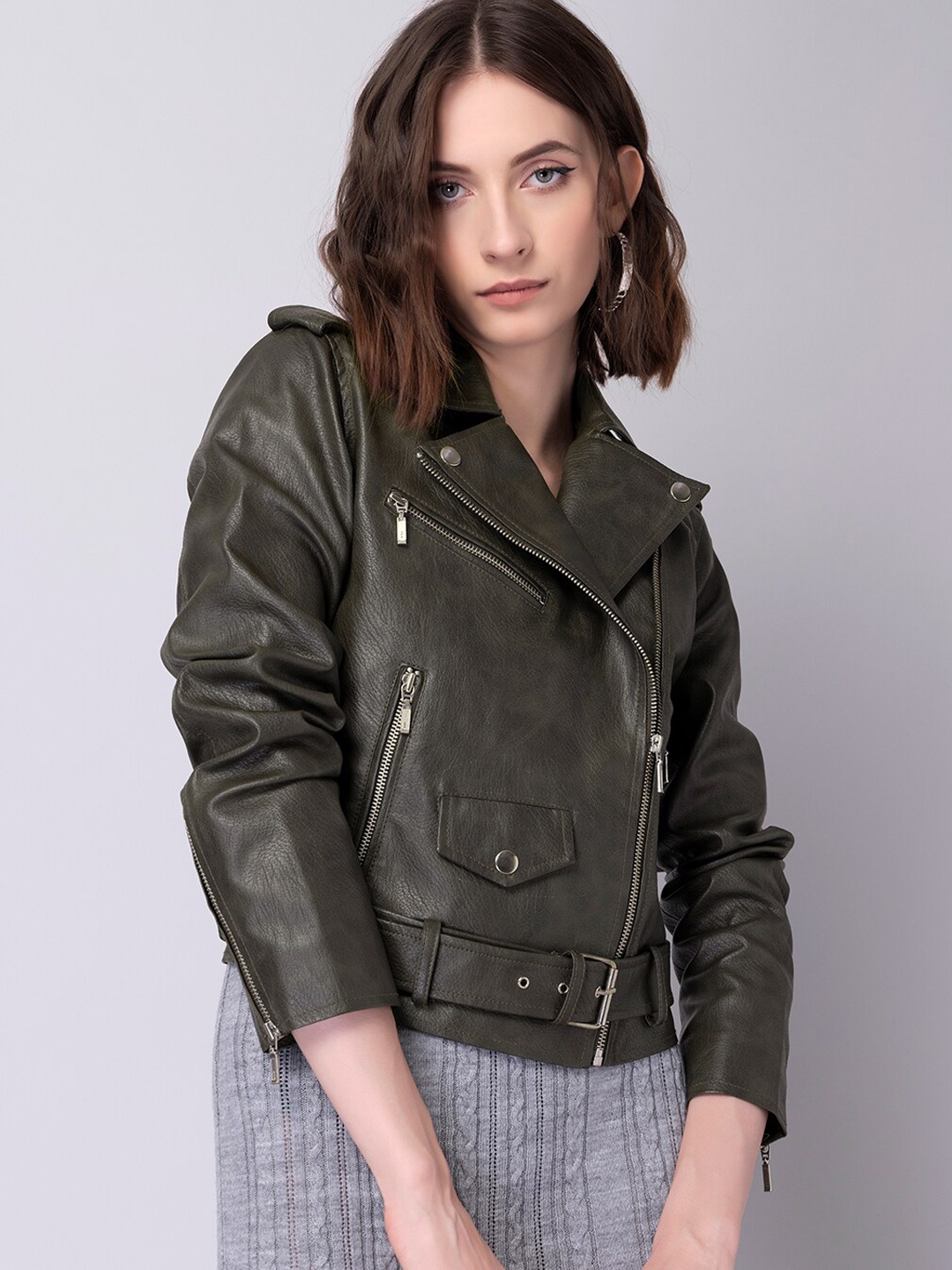 

FabAlley Women Green Crop Biker Jacket