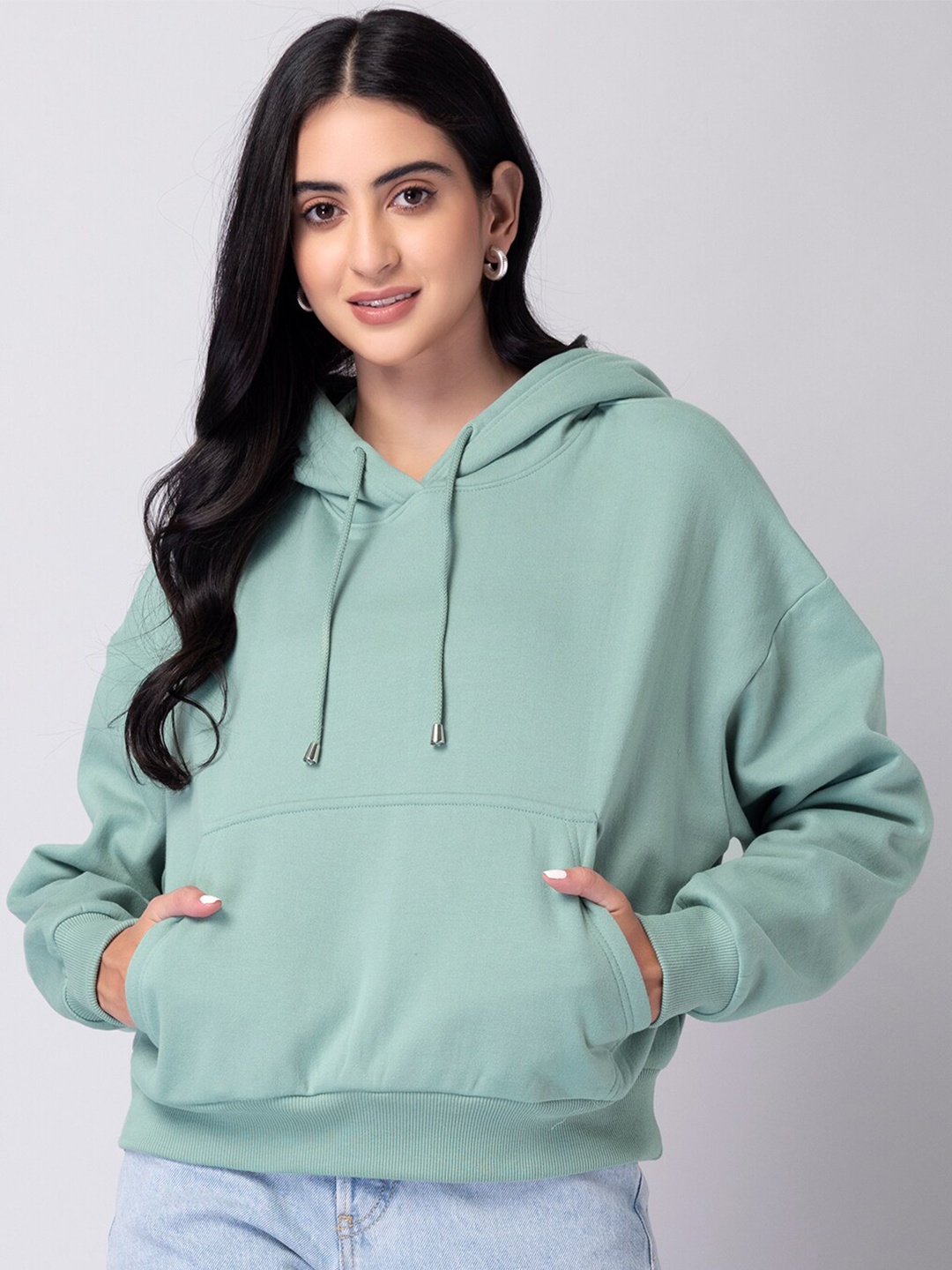 

FabAlley Women Green Hooded Fleece Sweatshirt